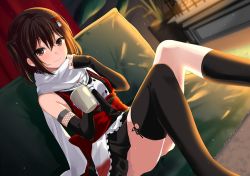 Rule 34 | 1girl, asymmetrical legwear, black gloves, black skirt, black thighhighs, brown eyes, brown hair, commentary, couch, cup, dutch angle, elbow gloves, feet out of frame, fingerless gloves, gloves, hair ornament, holding, holding cup, ica, kantai collection, long hair, looking at viewer, planter, pleated skirt, scarf, school uniform, sendai (kancolle), sendai kai ni (kancolle), serafuku, sitting, skirt, smile, solo, thighhighs, two side up, uneven legwear, white scarf