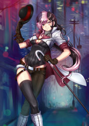 Rule 34 | 1girl, adsouto, belt, blush, breasts, brown hair, cane, cleavage, corset, cropped jacket, crossed legs, hat, heterochromia, highres, hip focus, holding, holding clothes, holding hat, looking at viewer, multicolored hair, neo politan, pink eyes, pink hair, power lines, rwby, single thighhigh, sleeves rolled up, smile, solo, split-color hair, thigh gap, thighhighs, transformer, unworn hat, unworn headwear