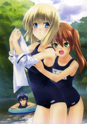 Rule 34 | 2girls, absurdres, black one-piece swimsuit, blonde hair, blue eyes, blush, breasts, grabbing, grabbing another&#039;s breast, green eyes, highres, hug, innertube, medium breasts, minamino kanata, multiple girls, name tag, one-piece swimsuit, school swimsuit, short hair, small breasts, surprised, swim ring, swimsuit, twintails, undressing, water