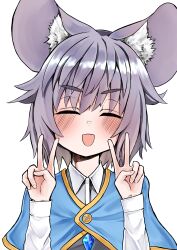 Rule 34 | 1girl, absurdres, animal ear fluff, animal ears, blue capelet, blush, breasts, capelet, closed eyes, commentary request, crystal, double v, ginger ale (syouga 6383), grey hair, grey vest, highres, jewelry, long sleeves, mouse ears, mouse girl, nazrin, open mouth, pendant, portrait, shirt, short hair, simple background, small breasts, smile, solo, touhou, v, vest, white background, white shirt