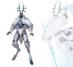 Rule 34 | 1boy, antlers, armor, blue eyes, cape, claws, digitigrade, facing viewer, full body, fur cape, fur collar, gauntlets, glowing, glowing eyes, highres, hooves, horns, leviair, loincloth, male focus, monster, multiple views, original, pelvic curtain, simple background, standing, white background