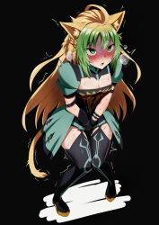 Rule 34 | 1girl, ahoge, animal ears, aroused, atalanta (fate), black gloves, blonde hair, blush, breasts, cat ears, cat girl, cat tail, fate/grand order, fate (series), gloves, green eyes, green hair, have to pee, heavy breathing, highres, legwear garter, open mouth, shaking, simple background, small breasts, solo, tail, yuzu kiro
