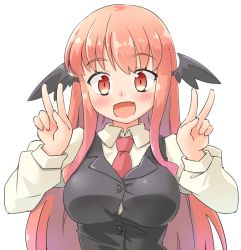 Rule 34 | 1girl, arnest, black vest, blush, breasts, buttons, collared shirt, commentary, double v, fang, head wings, koakuma, large breasts, long hair, long sleeves, looking at viewer, necktie, open mouth, red eyes, red hair, shirt, simple background, solo, touhou, upper body, v, vest, white shirt, wings