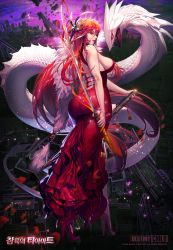Rule 34 | 1girl, ass, breasts, destiny child, dress, eyeshadow, from behind, glint, hair ornament, high heels, large breasts, lips, long dress, long hair, looking back, makeup, official art, profile, red dress, red eyes, red hair, sideboob, snake, solo, standing, sword, tiamat (destiny child), very long hair, weapon