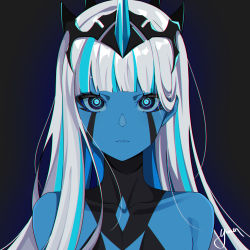 Rule 34 | 001 (darling in the franxx), 1girl, absurdres, bad id, bad pixiv id, blue eyes, blue hair, blue skin, closed mouth, collarbone, colored skin, darling in the franxx, headpiece, highres, horns, long hair, looking at viewer, multicolored hair, signature, silver hair, single horn, solo, streaked hair, two-tone hair, upper body, very long hair, yuuta (yuuta0312)