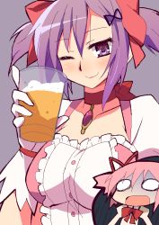 Rule 34 | 2girls, 9law, alcohol, bad id, bad pixiv id, beer, breasts, cosplay, cup, face, gloves, hair ribbon, kaname junko, kaname madoka, kaname madoka (cosplay), large breasts, magical girl, mahou shoujo madoka magica, mahou shoujo madoka magica (anime), mature female, md5 mismatch, mother and daughter, multiple girls, o o, oekaki, one eye closed, open mouth, parody, pink hair, purple eyes, purple hair, ribbon, short twintails, simple background, smile, soul gem, twintails, wink