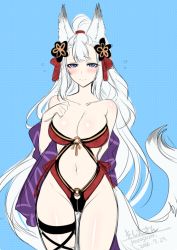 Rule 34 | 10s, 1girl, adapted costume, animal ears, arm behind back, bikini, blue background, blue eyes, blush, breasts, collarbone, commentary request, cowboy shot, dated, erune, flying sweatdrops, fox ears, fox tail, granblue fantasy, hair ornament, hand on breast, konshin, large breasts, long hair, looking at viewer, navel, o-ring, o-ring bikini, ponytail, short eyebrows, signature, silver hair, societte (granblue fantasy), solo, stomach, swimsuit, tail, thigh strap, thighs, very long hair