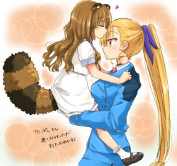 Rule 34 | 2girls, aged up, animal ears, blonde hair, blue jacket, blue ribbon, blue skirt, bobby socks, brown hair, carrying, character request, child carry, closed eyes, closed mouth, colorized, commentary request, dress, dress shirt, from side, hair ribbon, happy birthday, heart, jacket, kiss, kissing forehead, long hair, long sleeves, looking at another, lyrical nanoha, mary janes, multiple girls, necktie, pencil skirt, ponytail, purple neckwear, raccoon ears, raccoon tail, red eyes, ribbon, rui rui rui0122, san-pon, shirt, shoes, short dress, short sleeves, skirt, smile, socks, standing, tail, tsab naval military uniform, vivio, white dress, white legwear, white shirt