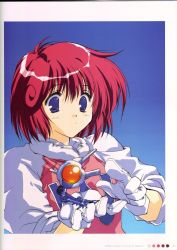 Rule 34 | 1990s (style), 1girl, blue eyes, gloves, mitsumi misato, pastel (twinbee), red hair, retro artstyle, sleeves rolled up, solo, twinbee