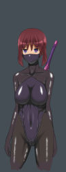 Rule 34 | 1girl, bodysuit, breasts, covered navel, cyborg, gluteal fold, grey background, ibe funya, latex, mask, mouth mask, ninja, original, purple eyes, red hair, short hair, simple background, solo, sword, weapon