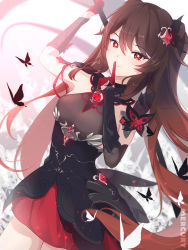 Rule 34 | 1girl, absurdres, alternate costume, arm up, artist name, bare shoulders, black dress, black gloves, blush, brown hair, bug, butterfly, commentary request, dress, elbow gloves, eyelashes, feet out of frame, finger to mouth, flower-shaped pupils, gem, genshin impact, gloves, hair ornament, highres, holding, holding polearm, holding weapon, hu tao (genshin impact), insect, light smile, mercury jc, mihoyo, open mouth, polearm, red gemstone, red gloves, red theme, seele (alter ego), seele vollerei, seele vollerei (starchasm nyx), sidelocks, smile, solo, spear, standing, symbol-shaped pupils, thighs, twintails, two side up, weapon