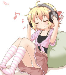 Rule 34 | 1girl, ahoge, alternate costume, blonde hair, blush, camisole, closed eyes, headphones, listening to music, musical note, natsu no koucha, panties, pantyshot, pillow, rumia, short hair, simple background, sitting, skirt, smile, solo, striped clothes, striped thighhighs, thighhighs, touhou, underwear, upskirt, white background, white panties