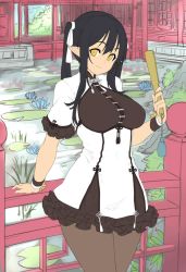 Rule 34 | 1girl, black hair, breasts, chinese clothes, curvy, dress, elf (houtengeki), flat color, folded fan, folding fan, framed breasts, hand fan, houtengeki, large breasts, long hair, looking at viewer, original, pantyhose, pointy ears, pond, smile, solo, twintails, unfinished, wristband, yellow eyes