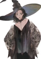 Rule 34 | 1girl, bare shoulders, black choker, black hair, black hat, choker, closed mouth, cowboy shot, grey eyes, hat, looking at viewer, matayoshi, off shoulder, original, shawl, short hair, simple background, solo, standing, white background, witch hat
