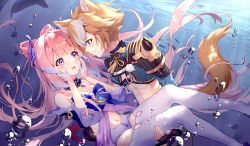 Rule 34 | 1boy, 1girl, abs, absurdres, animal ears, armor, azusa (980650076), bare shoulders, blush, bow, bowtie, breasts, brown hair, bubble, carrying, cleavage, dog ears, dog tail, fish, frilled sleeves, frills, genshin impact, gloves, gorou (genshin impact), green eyes, hands on own face, highres, light rays, looking at another, midriff, navel, ocean, paw print, pink hair, princess carry, purple eyes, sangonomiya kokomi, scenery, short shorts, shorts, small breasts, tail, thighhighs, underwater, vision (genshin impact), water drop