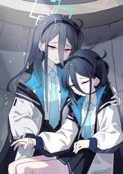 Rule 34 | &lt;key&gt; (blue archive), 2girls, absurdly long hair, absurdres, aris (blue archive), black hair, blue archive, collared shirt, commentary, crying, crying with eyes open, hair between eyes, hair ornament, hairband, halo, highres, holding hands, hood, hooded jacket, jacket, ka keo, long hair, long sleeves, looking at another, multiple girls, necktie, one side up, pleated skirt, purple eyes, school uniform, shirt, siblings, sidelocks, sitting, skirt, streaming tears, tears, twins, unconscious, very long hair, zipper