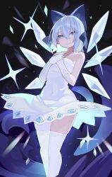 Rule 34 | 1girl, alternate costume, blue bow, blue eyes, blue hair, bow, cirno, closed mouth, detached wings, dress, fairy, falken (yutozin), feet out of frame, gloves, hair between eyes, hair bow, highres, ice, ice wings, looking at viewer, short hair, smile, solo, thighhighs, touhou, white dress, white gloves, white thighhighs, wings