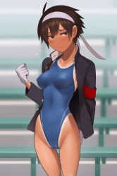 Rule 34 | 1girl, absurdres, black eyes, black hair, blush, breasts, cameltoe, clenched hand, closed mouth, commentary, competition swimsuit, covered navel, dark skin, frown, gloves, headband, highleg, highleg swimsuit, highres, jacket, looking at viewer, lvi, medium breasts, nervous, one-piece swimsuit, one-piece tan, open clothes, open jacket, original, short hair, solo, standing, swimsuit, tan, tanline, tomboy, white gloves, white headband