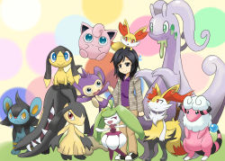 Rule 34 | 1girl, ahoge, aipom, animal ear fluff, animal ears, animal hands, artist name, black eyes, black footwear, black hair, blue eyes, braixen, brown jacket, brown pants, closed eyes, closed mouth, collarbone, creatures (company), drawstring, extra mouth, female focus, fennekin, flaaffy, flat chest, fox ears, fox tail, full body, furry, furry female, game freak, gen 1 pokemon, gen 2 pokemon, gen 3 pokemon, gen 4 pokemon, gen 6 pokemon, gen 7 pokemon, goodra, green eyes, green hair, hand p, hands up, happy, helioptile, highres, holding hands, jacket, jigglypuff, long hair, long sleeves, looking at another, looking at viewer, looking to the side, looking up, luxio, matching hair/eyes, mawile, nintendo, original, outstretched arms, pants, pokemon, pokemon (creature), prehensile tail, purple shirt, red eyes, sharp teeth, shiny skin, shirt, shoes, shougun (chuckni1), signature, simple background, smile, standing, steenee, stick, tail, teeth, twintails, yellow eyes