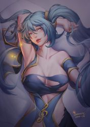 Rule 34 | 1girl, absurdres, arm behind back, bare shoulders, blue dress, blue eyes, blue hair, breasts, cleavage, collarbone, dress, grossic, highres, large breasts, league of legends, long hair, looking at viewer, sona (league of legends), tagme, torn clothes, torn dress, twintails, very long hair
