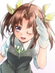 Rule 34 | 10s, 1girl, ;d, ahoge, brown hair, gloves, green ribbon, hair ribbon, kagerou (kancolle), kantai collection, keita (tundereyuina), looking at viewer, neck ribbon, one eye closed, open mouth, purple eyes, ribbon, salute, school uniform, short hair, short sleeves, simple background, smile, solo, twintails, upper body, vest, white background, white gloves, yellow ribbon