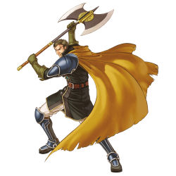 Rule 34 | 1boy, armor, armored boots, axe, boots, brown hair, fire emblem, fire emblem: path of radiance, full body, greil, highres, holding, holding weapon, kita senri, looking at viewer, male focus, nintendo, official art, pauldrons, shoulder armor, simple background, solo, weapon, white background
