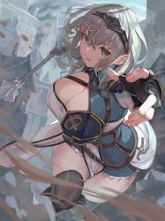 Rule 34 | 1girl, absurdres, action, armor, black gloves, black thighhighs, blue skirt, blurry, breasts, building, cleavage, crossed bangs, depth of field, falling leaves, fingerless gloves, gloves, green eyes, hair between eyes, headpiece, highres, holding, holding weapon, hololive, hololive alternative, large breasts, leaf, mace, miniskirt, pelvic curtain, pleated skirt, roco (rocoroco1115), shirogane noel, shirogane noel (1st costume), short hair, silver hair, skier, skirt, solo, thighhighs, virtual youtuber, weapon, wind