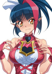 Rule 34 | 1girl, absurdres, bare shoulders, black hair, blush, breasts, closed mouth, fang, fingerless gloves, gloves, hair ribbon, highres, large breasts, looking at viewer, millaarc, multicolored hair, pointy ears, red gloves, red hair, ribbon, senki zesshou symphogear, simple background, smile, solo, syunzou, white background, yellow eyes