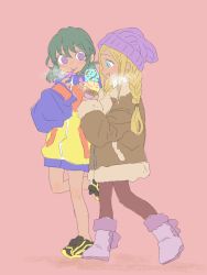 Rule 34 | 2girls, :&gt;, :d, alternate hairstyle, ayunyan pere, bare legs, beanie, black footwear, black hair, blonde hair, blue eyes, blush, boots, braid, breath, brown coat, brown pants, coat, cold, commentary, dark-skinned female, dark skin, eating, food, from side, full body, fur-trimmed coat, fur trim, gold trim, hat, highres, holding, holding food, hood, hoodie, ice cream, ice cream cone, ice cream spoon, idolmaster, idolmaster cinderella girls, layla (idolmaster), long hair, looking at another, looking at food, looking to the side, low-tied long hair, low twintails, medium hair, multicolored clothes, multicolored hoodie, multiple girls, natalia (idolmaster), open mouth, oversized clothes, pants, purple eyes, purple headwear, shoes, sideways mouth, sketch, sleeves past wrists, smile, sneakers, spoon, steam, triangle mouth, twin braids, twintails, utensil in mouth, winter clothes, winter coat