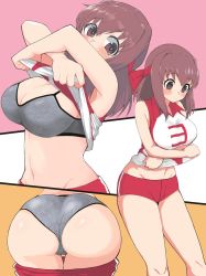 Rule 34 | 1girl, ass, blush stickers, bra, breasts, brown eyes, brown hair, cleavage, clothes lift, clothes pull, commentary, crotch seam, girls und panzer, grey bra, grey panties, groin, headband, highres, huge ass, kondou taeko, large breasts, leaning forward, lifted by self, looking at viewer, medium hair, multiple views, navel, panties, red headband, red shirt, red shorts, shirt, shirt lift, short shorts, shorts, shorts pull, single vertical stripe, sleeveless, sleeveless shirt, sportswear, standing, thigh gap, underwear, undressing, volleyball uniform, yabai gorilla
