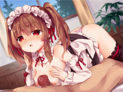 Rule 34 | &gt;:o, 1girl, :o, apron, ass, bare shoulders, bent over, black thighhighs, blush, breasts, breasts squeezed together, brown hair, censored, clothed female nude male, cowboy shot, curtains, frilled thighhighs, frills, hair between eyes, hair ribbon, hetero, indoors, kedama milk, lying, maid, maid apron, maid headdress, medium breasts, mosaic censoring, naizuri, nipples, nude, off shoulder, on stomach, original, paizuri, panties, penis, pink panties, pointless censoring, precum, red eyes, ribbon, scowl, short hair, small breasts, solo focus, thighhighs, tsurime, twintails, underwear, v-shaped eyebrows, window