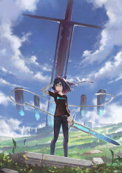 Rule 34 | 1girl, a-chan (hololive), absurdres, artist name, bandaged arm, bandages, bandaid, bandaid on face, bird, black-framed eyewear, black shirt, blue bow, blue eyes, blue hair, blue pants, blue ribbon, blue sky, blush, bow, closed mouth, cloud, cloudy sky, commentary, copyright name, day, denim, english commentary, field, flat chest, floating, floating hair, floating object, floating rock, full body, glasses, grass, greatsword, hair bow, hair ribbon, hand in own hair, hand on own head, highres, hololive, hololive alternative, huge weapon, jeans, jun wei, logo, looking afar, midriff peek, mixed-language commentary, outdoors, pants, polearm, ribbon, shirt, short hair, signature, sky, solo, standing, sword, swordstaff, t-shirt, virtual youtuber, weapon, wind