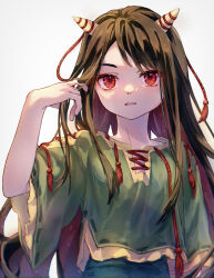 Rule 34 | 1girl, absurdres, black hair, green shirt, highres, horns, long hair, looking at viewer, nippaku zanmu, oni horns, open mouth, red eyes, shirt, short sleeves, simple background, solo, tarutsu, touhou, upper body, white background, wide sleeves
