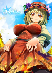 Rule 34 | 1girl, aki minoriko, blonde hair, blush, breasts, cleavage, cloud, day, dress, food, from below, fruit, grapes, hair ornament, hat, impossible clothes, impossible dress, juliet sleeves, large breasts, long sleeves, looking at viewer, mob cap, outdoors, puffy sleeves, red eyes, short hair, skirt hold, sky, smile, touhou, umigarasu (kitsune1963)