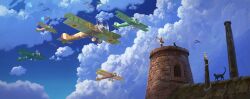 Rule 34 | 1other, aircraft, airplane, biplane, blue sky, building, cat, cloud, cloudy sky, commentary, cyclecircle, day, english commentary, flying, highres, instrument, music, original, outdoors, playing instrument, sky, solo, standing, tower, trumpet, wide shot