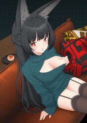 1girl absurdres alternate_costume animal_ears aqua_sweater black_hair black_thighhighs breasts cleavage cleavage_cutout clothing_cutout couch fox_ears garter_straps highres hoshimi_miyabi large_breasts long_hair long_sleeves looking_at_viewer orange_eyes pillow ribbed_sweater sasaki3rd sitting solo sweater thighhighs thighs very_long_hair zenless_zone_zero