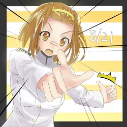 Rule 34 | 1girl, bandaid, brown eyes, brown hair, hairband, highres, k-on!, military, military uniform, open mouth, pointing, short hair, solo, sonyntendo, tainaka ritsu, thumbs up, uniform