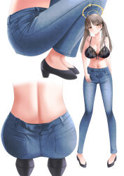 Rule 34 | 1girl, absurdres, ass, black bra, black footwear, blue archive, blue pants, blush, bra, breasts, brown eyes, brown hair, cleavage, closed mouth, halo, highres, large breasts, long hair, moe (blue archive), multiple views, navel, pants, shira jun, shoes, simple background, smile, twintails, underwear, white background, yellow halo