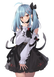 Rule 34 | 1girl, antenna hair, bare shoulders, belt, black belt, black bow, black bowtie, black ribbon, black skirt, blue hair, blush, bow, bowtie, center frills, choker, clothing cutout, commentary request, cowboy shot, facial scar, frilled skirt, frilled sleeves, frills, grin, hair ribbon, hand up, head tilt, high-waist skirt, highres, indoors, jirai kei, light particles, long hair, long sleeves, looking at viewer, mahcdai, mask, mask pull, mouth mask, original, planol note, ribbon, scar, scar on cheek, scar on face, shirt, shoulder cutout, sidelocks, simple background, skirt, sleeves past wrists, smile, solo, standing, twintails, white background, white shirt, yellow eyes