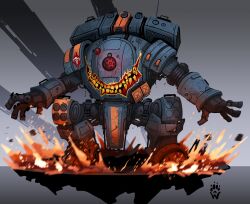 Rule 34 | absurdres, commentary, english commentary, fire, highres, looking to the side, mecha, mecha focus, no humans, open hands, radio antenna, red eyes, robot, science fiction, scorch (titanfall 2), shadow, titan (titanfall), titanfall (series), titanfall 2, wolfdawg art