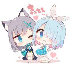 Rule 34 | 2girls, animal ear fluff, animal ears, arona (blue archive), black skirt, blue archive, blue eyes, blue hair, blue jacket, blue scarf, blue shirt, blush, bow, chibi, colored shadow, commentary request, drooling, fringe trim, grey hair, hair ornament, hair over one eye, head tilt, heart, jacket, knees up, long sleeves, looking at viewer, mouth drool, multicolored hair, multiple girls, muuran, open clothes, open jacket, parted lips, pink hair, pleated skirt, sailor collar, scarf, shadow, shiroko (blue archive), shirt, signature, sitting, skirt, sleeves past fingers, sleeves past wrists, socks, translation request, two-tone hair, wavy mouth, white background, white bow, white legwear, white sailor collar, white shirt, white skirt