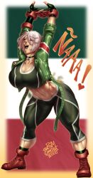 Rule 34 | absurdres, angel (kof), breasts, cammy stretch (meme), cammy white, cammy white (cosplay), cosplay, highres, large breasts, smile, solo, street fighter, street fighter 6, stretching, the king of fighters