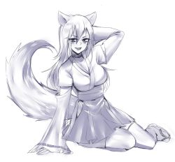 Rule 34 | 1girl, animal ears, blush, breasts, cleavage, collar, detached sleeves, fox ears, fox tail, japanese clothes, kisumi, kitsune, long hair, looking at viewer, miko, monochrome, open mouth, original, purple theme, robe, ryairyai, sandals, sketch, skirt, smile, solo, tail, thighhighs