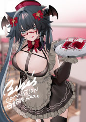Rule 34 | 1girl, :q, absurdres, animal ears, bebe (bebe pp), black hair, black thighhighs, blood, blood bag, blue eyes, blush, breasts, character request, commission, copyright request, detached sleeves, glasses, hair ornament, hat, head wings, highres, long hair, looking at viewer, maid, nurse cap, skeb commission, smile, solo, thighhighs, tongue, tongue out, tray, very long hair, virtual youtuber, wings