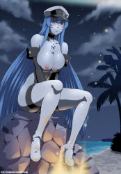 Rule 34 | 10s, 1girl, akame ga kill!, blue hair, blush, breasts, esdeath, female focus, large breasts, nipples, outdoors, sky, smile, solo