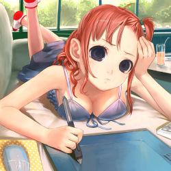 Rule 34 | 1girl, blue eyes, breast press, breasts, cleavage, cup, drawing tablet, dress, drinking glass, lying, on stomach, red hair, socks, solo, uni (plastic girl), wacom