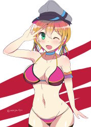 Rule 34 | 10s, 1girl, \m/, absurdres, bad id, bad pixiv id, bikini, blonde hair, blush, breasts, cleavage, curvy, green eyes, halterneck, hat, highres, kantai collection, looking at viewer, low twintails, moriya, navel, one eye closed, open mouth, peaked cap, prinz eugen (kancolle), smile, solo, standing, string bikini, swimsuit, thighhighs, twintails, wide hips