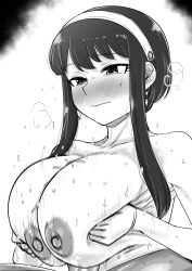 1boy 1girl absurdres black_hair blush breasts breasts_squeezed_together breath closed_mouth earrings flying_sweatdrops greyscale hairband hetero highres jewelry kaiman_garupan large_breasts monochrome nipples paizuri penis spy_x_family sweat wavy_mouth white_hairband yor_briar