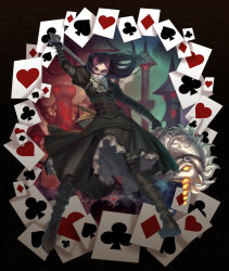 Rule 34 | 1girl, alice: madness returns, alice (alice in wonderland), alice in wonderland, alice liddell (american mcgee&#039;s alice), american mcgee&#039;s alice, black hair, boots, brown hair, card, card background, castle, floating card, green eyes, heart, heart card, long hair, mizukai, solo, weapon