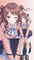 Rule 34 | 1girl, absurdres, blue eyes, blue ribbon, blue skirt, blush, brown footwear, brown hair, closed mouth, collared shirt, commentary request, gakuen idolmaster, gradient background, hanami saki, hands on own knees, hatsuboshi gakuen school uniform, highres, idolmaster, jacket, layered skirt, leaning forward, loafers, looking at viewer, neck ribbon, one eye closed, pink jacket, red background, ribbon, school uniform, shirt, shoes, simple background, skirt, smile, socks, translation request, two side up, v-shaped eyebrows, white shirt, white socks, zaofeng